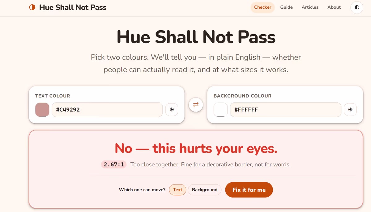 The Hue Shall Not Pass contrast checker judging a colour pair