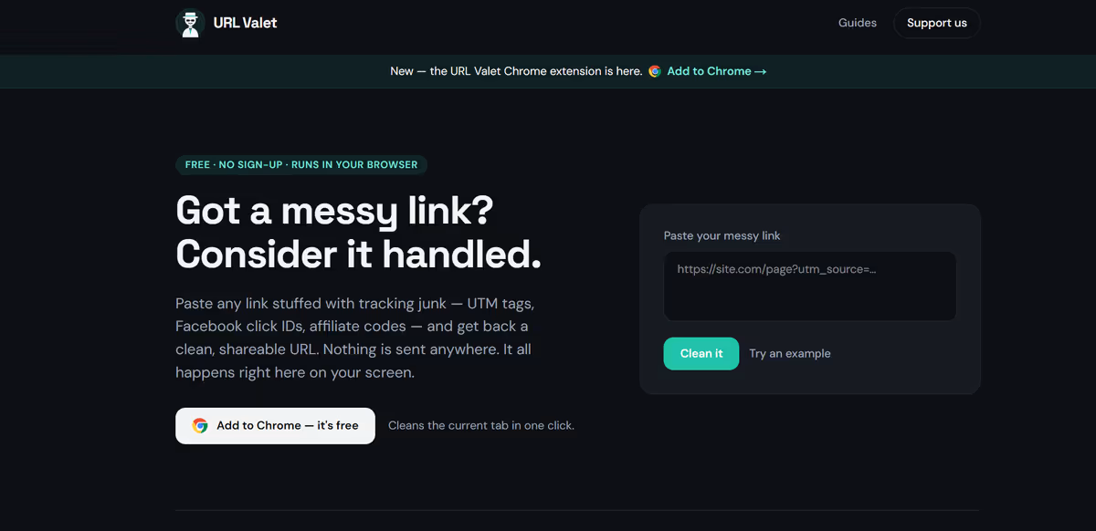 The URL Valet web app cleaning a link